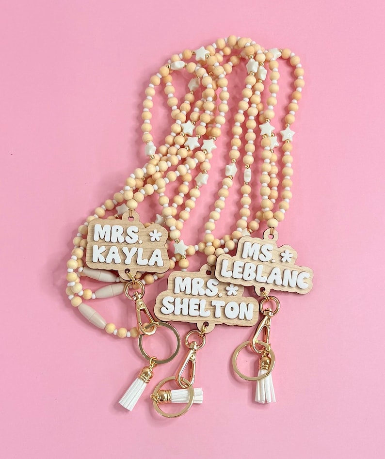 Personalized White Wood Bead Lanyard, ID Badge Holder, Back to School Gift, Breakaway Clasp
