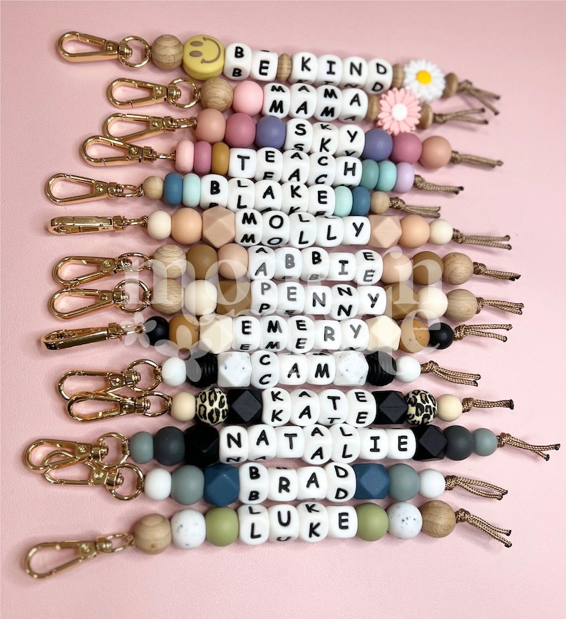 Name Silicone Beaded Keychain, Custom Keychain, Personalized Gift, Diaper Bag, Backpack, Silicone Bead, Wood Beads image 1