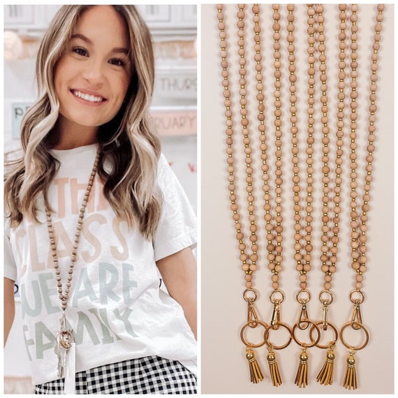 Medium Wood Gold Teacher Lanyard, Rosewood Lanyard, Gold Beads