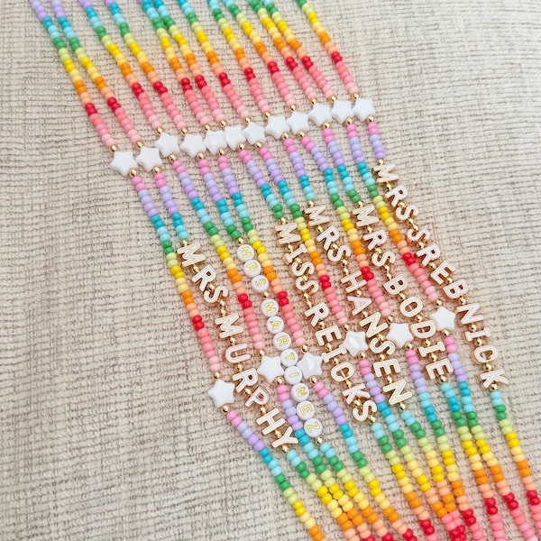 Personalized Rainbow + Stars Beaded Teacher Lanyard Glass Seed Beads, Breakaway Clasp