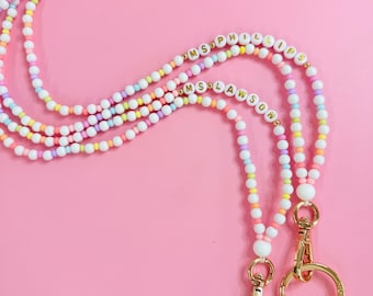 Personalized Rainbow + White Beaded Teacher Lanyard: Glass & Acrylic Beads, Breakaway Clasp