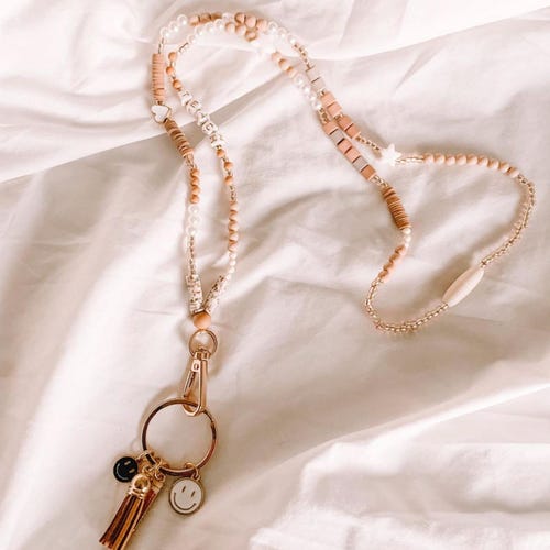 Neutral Beaded Lanyard, Wood, Polymer Clay Beads, Seed Beads, ID Badge Necklace, Breakaway Clasp