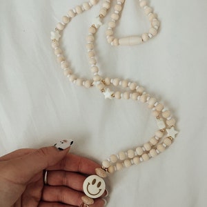 Happy + Stars Teacher Lanyard, Teacher Gift, Badge Necklace, Fun Lanyard, Wood Bead Lanyard, Beaded Lanyard