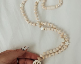Wood + White Bead Teacher Lanyard: Happy Face, Stars, Tassel, Breakaway Clasp