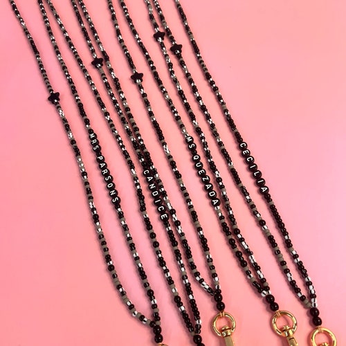 Black Seed Bead Teacher Lanyard, ID Holder Necklace, Back To School Gift, Breakaway Clasp