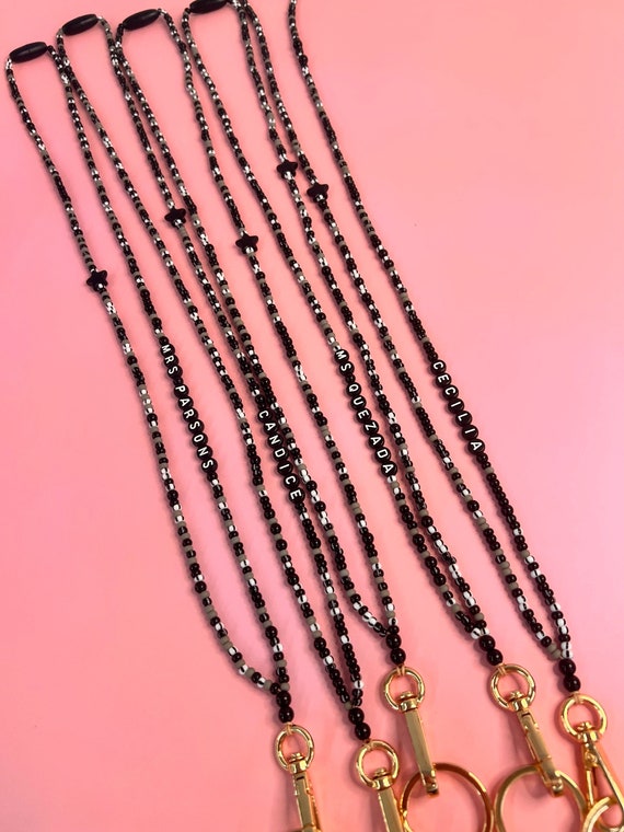 Black Seed Bead Teacher Lanyard, ID Holder Necklace, Back To School Gift, Breakaway Clasp
