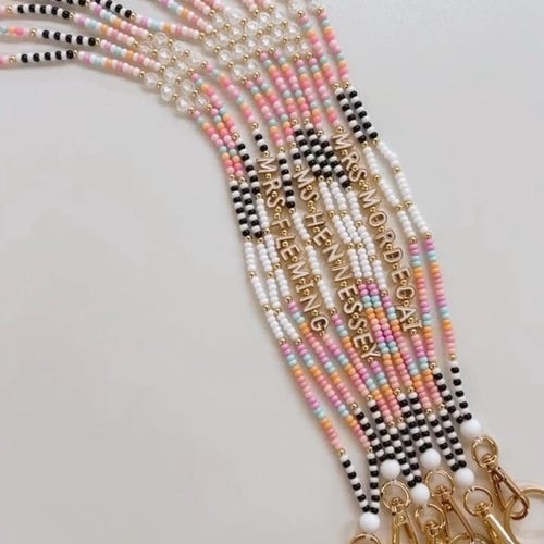 Black and White + Colorful Teacher Lanyard: Seed Beads, Breakaway Clasp, Back to School, Personalized, Name Lanyard