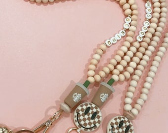 Coffee & Happy Face Teacher Lanyard: Wood Bead Badge Necklace, Breakaway Clasp