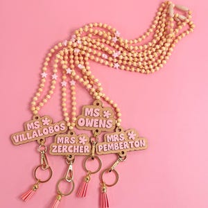NEW Pink + Wood Name Lanyard, Neutral, Acrylic Lanyard, Bead Lanyard, Wood Beads, Lanyard, Badge Holder, Teacher Gift, Personalized Lanyard