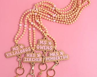 Personalized Wood Name Lanyard, Pink Acrylic Letters, Teacher Gift