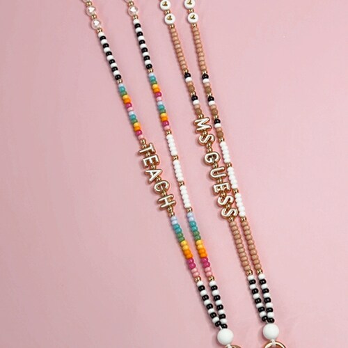 Black and White + Neutral or Rainbow Teacher Lanyard: Seed Bead Badge Necklace