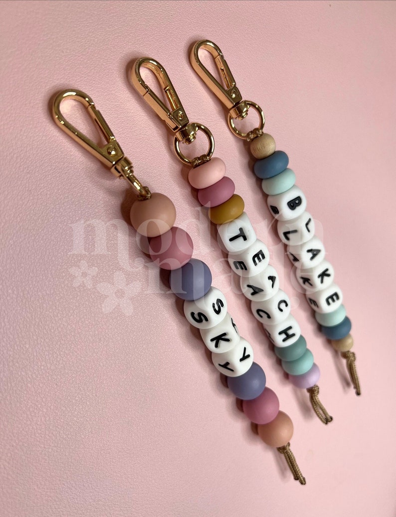 Name Silicone Beaded Keychain, Custom Keychain, Personalized Gift, Diaper Bag, Backpack, Silicone Bead, Wood Beads image 4