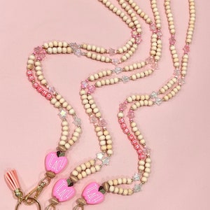 Lanière TEACH pomme rose, lanière étoiles roses, cadeau enseignant, collier badge, lanière amusante, lanière en perles de bois, lanière en perles