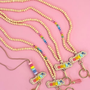 NEW teach rainbow + Wood Name Lanyard, colorful, Acrylic Lanyard, Bead Lanyard, Wood Beads, Lanyard, Badge Holder, Personalized Lanyard