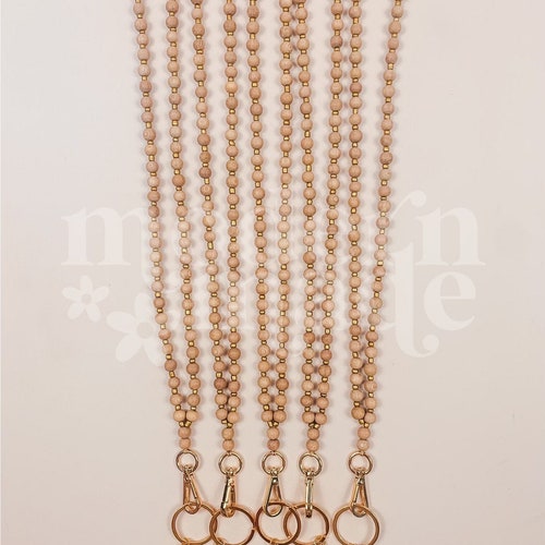Medium Wood + Gold Teacher Lanyard: Rosewood Beads, ID Badge Holder Necklace, Breakaway Clasp