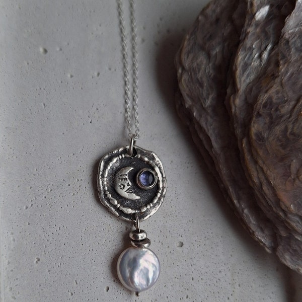 Ancient Moon Pendant with Iolite and Freshwater Pearl