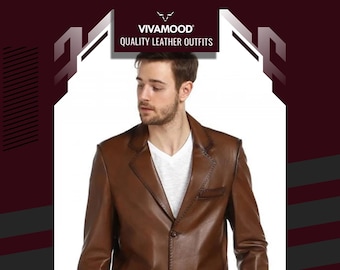 Leather Blazer - 2 Button Blazer - Leather Blazer Men - Genuine Lambskin Leather - Color Options - Lining Options