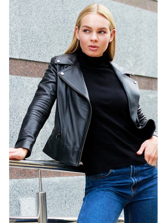 Lambskin leather biker jacket top