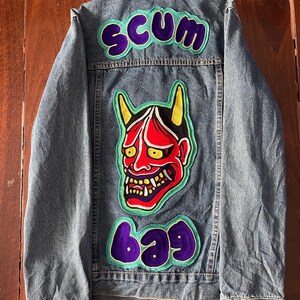 Denim Jean Jacket Small/medium With Chainstitch Embroidered Patches