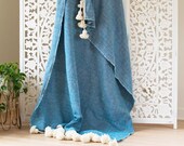 LAGOON BLUE Cotton Moroccan PomPom Blanket - handmade Throw blanket - Cotton blanket - bedroom blanket - pom pom blanket - blue blanket