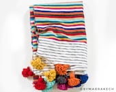 Rainbow Cotton Moroccan PomPom Blanket - handmade Throw blanket - Cotton blanket - bedroom blanket - pom pom blanket - Rainbow blanket Cover