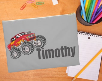 Personalized pencil pouch for boy, birthday gift with name, monster truck lover, pencil bag, pencil case, loves trucks, back to school