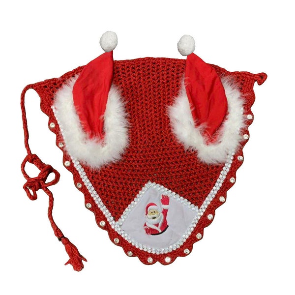 Christmas Horse Ear Bonnet, Handmade Santa Ear Bonnet, Christmas Horse Ear net, Cotton Horse Ear Bonnet , Christmas Gift for Horse Lover