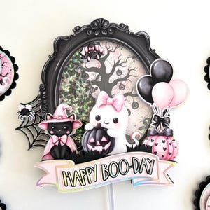 Halloween Cake Topper, Cute Ghost, Black Cat, Pink Halloween, Boo Day, Halloween Birthday Party Spooky One Decor