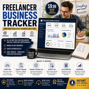 Freelancer Business Tracker | Client CRM | Invoice Log | Income & Expense Tracker | Self-Employed | Digital Download HTML