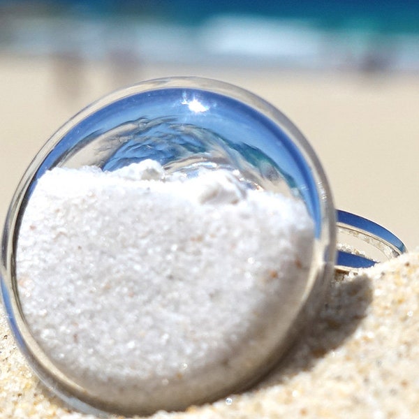 Bijoux de sable en mouvement, anneau de sable de plage, bijoux d’océan de sable, cadeau pour l’amoureux de l’océan, anneau en verre unique, modèle de plage de Boho, bijoux de Wanderlust
