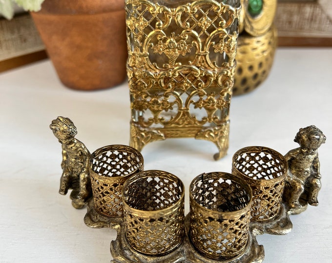 Vintage Brass Cherub Babies Lipstick Holder/perfume Bottle Vanity Set