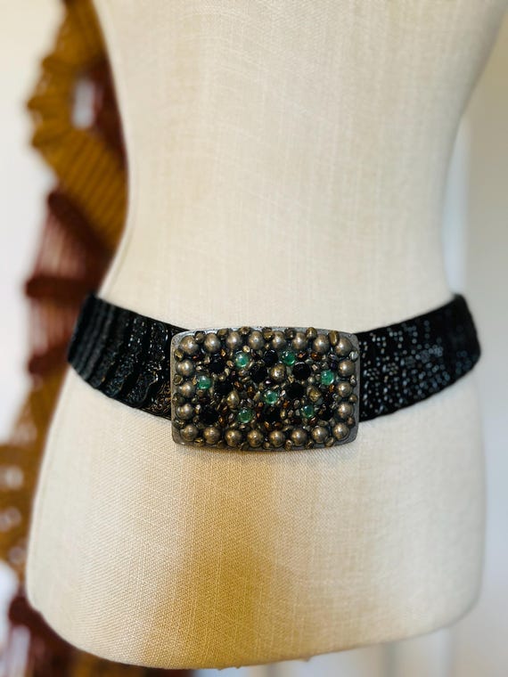 Vintage 80s Stretch Belt: Silvertone Buckle, Black Fish  display picture 1