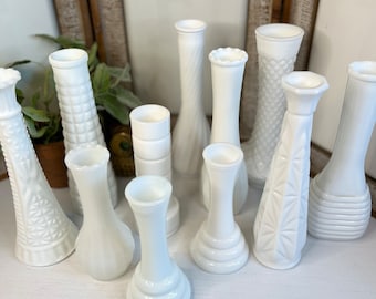 Vintage Milkglass Bud Vases Lot of 11 Assorted/Mix Matched Vases/Wedding/Event/Holiday Table Decor/Centerpieces