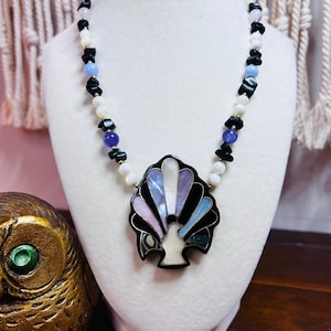 Vintage Lee Sands Art Deco Peacock Pendent/Shell Inlay/Abalone/Beaded/Statement Necklace