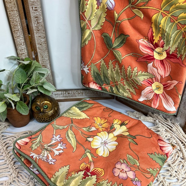 Vintage Floral Peach and Green Zippered Cushion Covers/Pillow Covers with Piped Edge/Large 24" x 24" /Tropical HIbiscus Floral Design