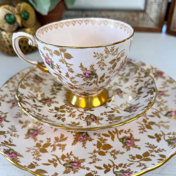 Vintage Tuscan Bone China/Chintz Du Barry Rose/Sunshine Pattern Trio Set Teacup Saucer Dessert Plate/Collecible China