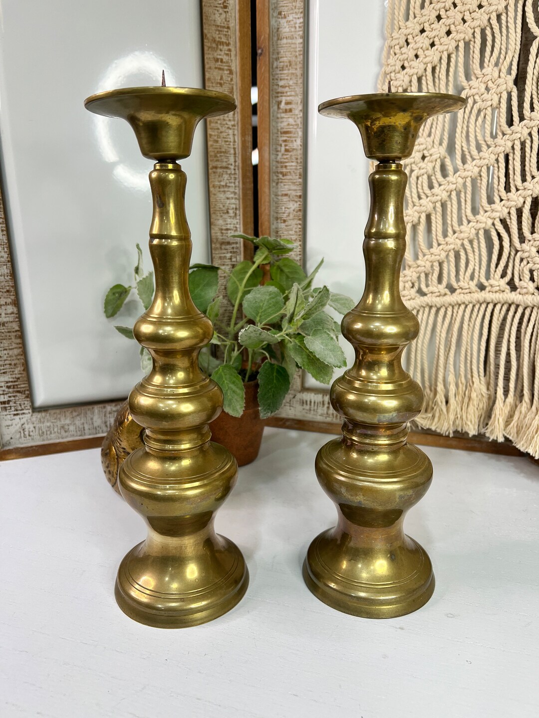 Vintage Large Heavy Solid Brass Candle Holders With Spikes for Tapers