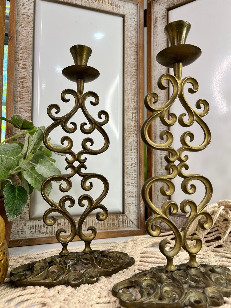 Vintage Brass Candle Holders Made in Israel/large/tall Scroll Etsy