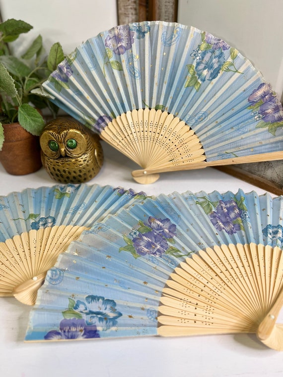 Vintage Asian/Geisha Silk Hand Fan/Set of 3/Blue … - image 8
