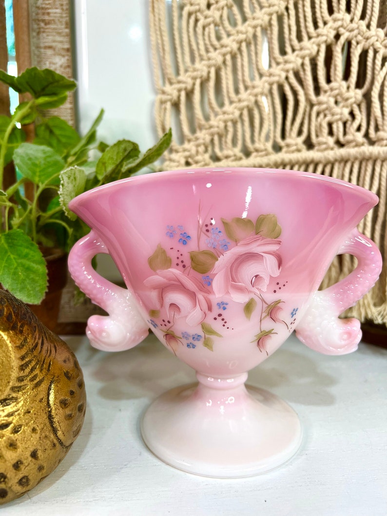 Vintage Fenton Glass Rosalene Pink Handpainted Floral Fan Vase Etsy