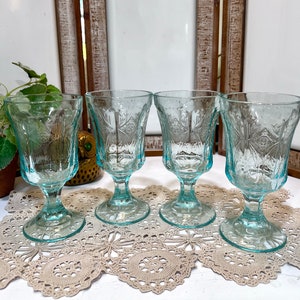 Indiana Glass Vintage Recollection/Madrid Pattern/Teal Blue/Green/Aqua Water Goblets/Wine Glasses Set of 4/2 Sets available