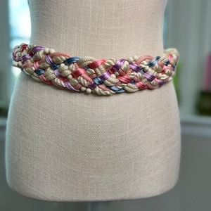 Vintage Braided Woven Cord and Ribbon Belt/1980&#39;s/Pink Purple Blue and White/Retro 80&#39;s 90&#39;s Fashion