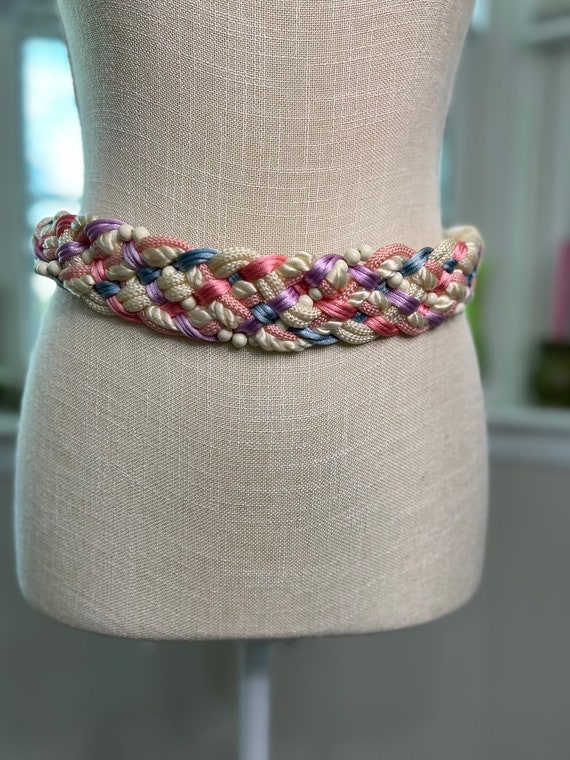 80’s Pink Multicolor Woven Fabric Belt Vintage 80s Woven Rope Style Green And Pink Belt – Spark Pretty main image 3