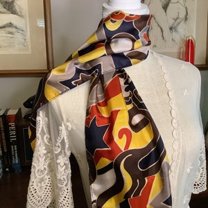 Vintage Abstract Pattern Long Scarf/Retro 1970's Accessories/Scarf/Tie/Bright Colors Red/Yellow/Blue