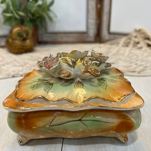 Vintage Hand-Painted Floral Ceramic Trinket Box: Gold Trim Vanity Decor