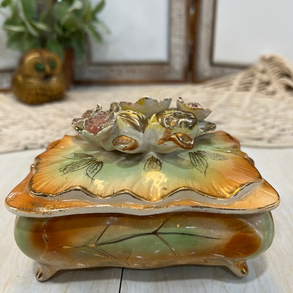 Vintage Ceramic/Porcelain Dresser Box/Trinket/Jewelry Box Hand Painted with Capodimonte Style Floweres/ Lidded/Gold Trim/MCM 60's Vanity Box