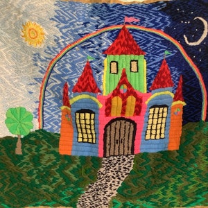 Vintage Handmade **Unique** Crewel Art Wall Hanging/Childs Room/Playroom Castle Day/Night Wall Hanging/Yarn and Fiber Art Wall Hanging