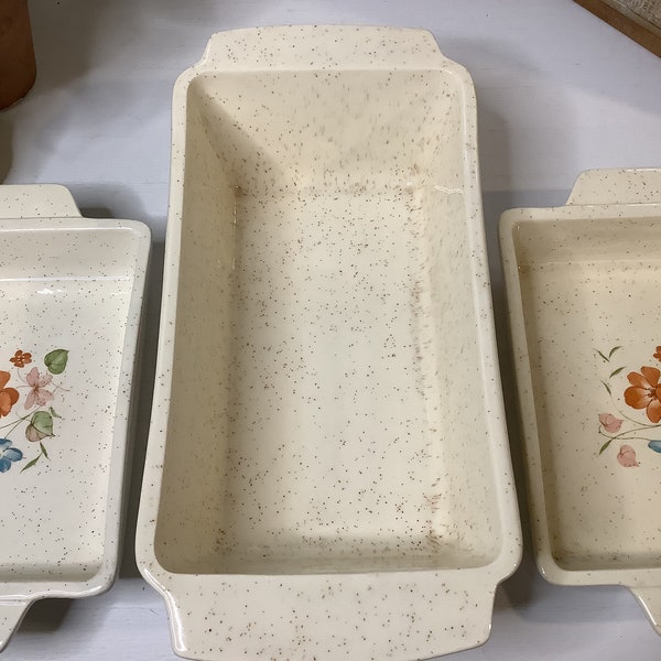 Vintage Treasure Craft Stoneware Baking Set Made in USA Wildflower Poppy Pattern/3 Piece Bakeware/Casserole Set