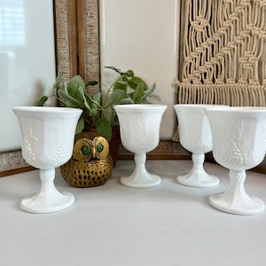 Vintage Milkglass Wine Goblets/Set of 4/ Indiana Glass Harvest Grape Pattern/Holiday Wine Goblets/Wedding Table/Toast Goblets