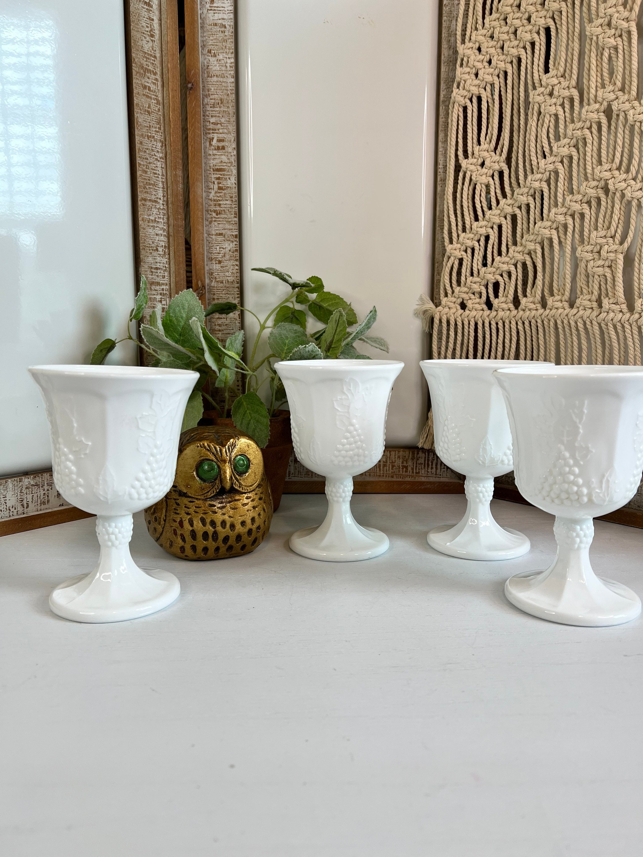 Vintage Milkglass Wine Goblets/Set of 4/ Indiana Glass Harvest Grape Pattern/Holiday Wine Goblets/Wedding Table/Toast Goblets